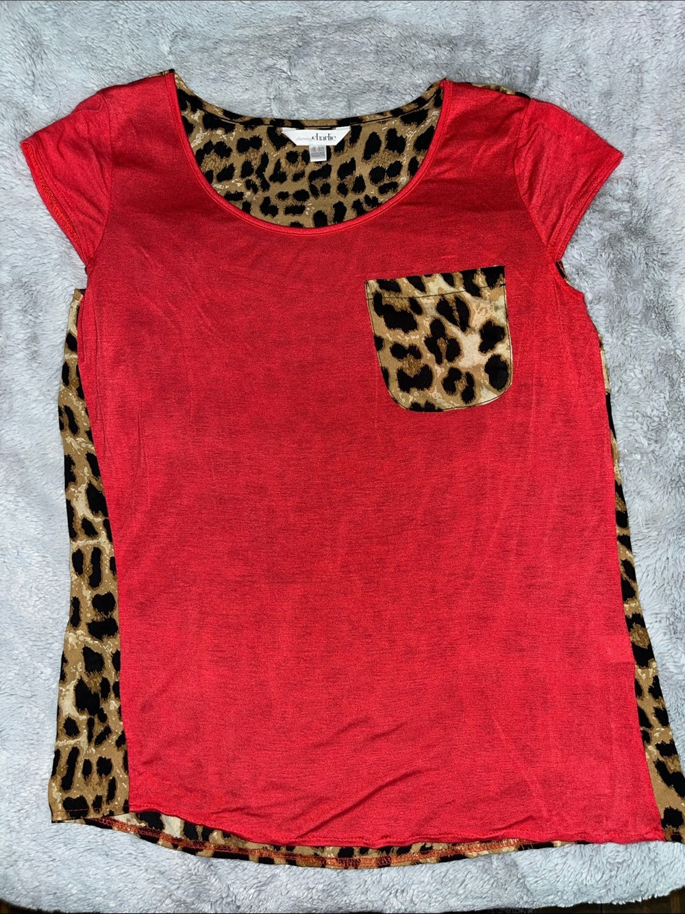 Charming Charlie Red Top with Leopard Trim, back and Pocket